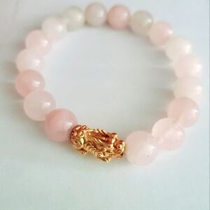 14K Gold Pixiu & Natural Rose Quartz Crystal Beads Stretch Bracelet Feng Shui